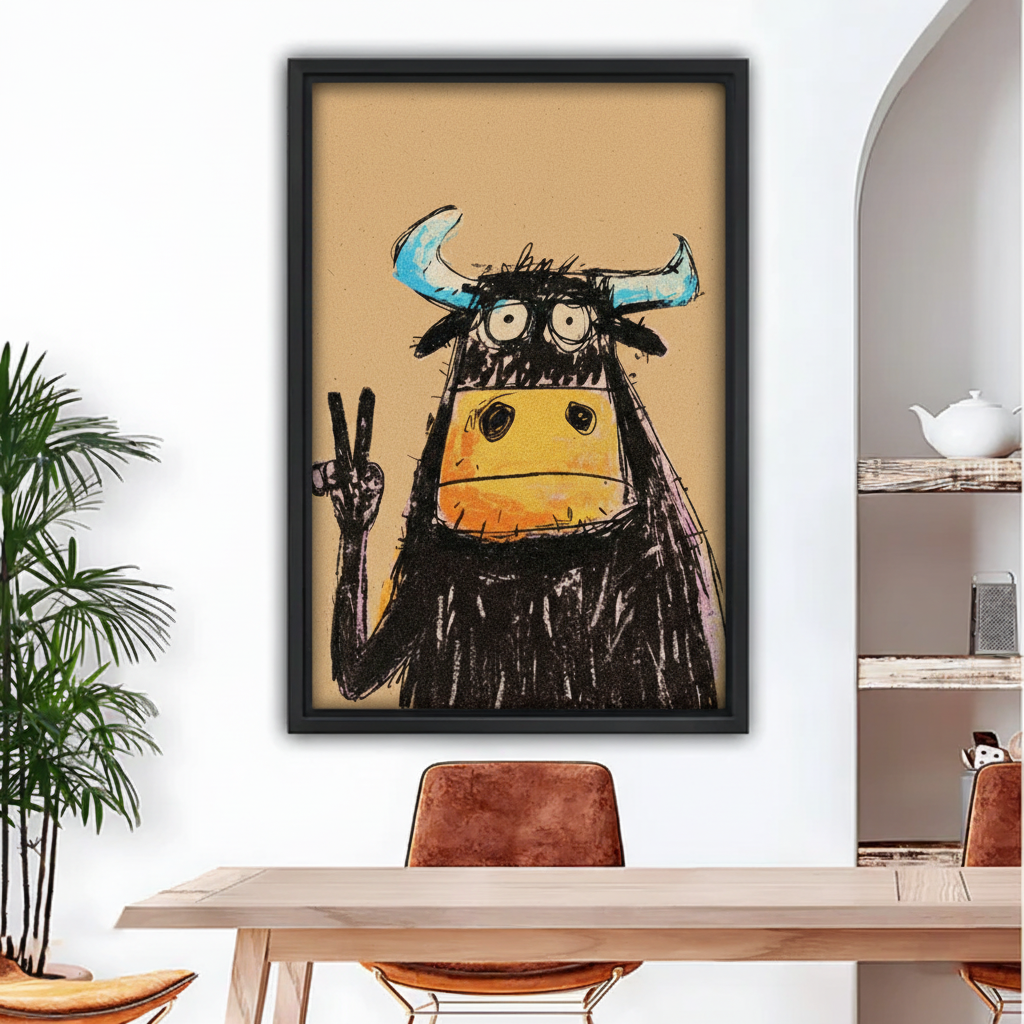 Frameless gallery wrap canvas of quirky black bull throwing peace sign on amber background above a wooden console
