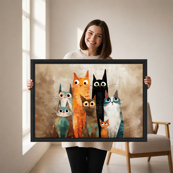 Big-eyed quirky cat family canvas wall art framed in black above a cream sofa with linen cushions