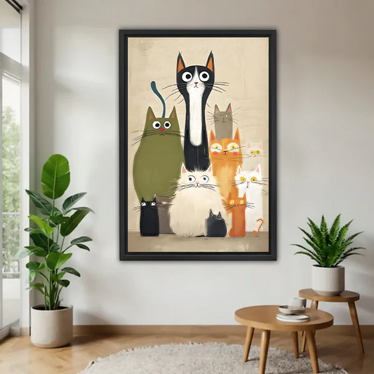 Framed quirky cat gang canvas wall art with seven expressive cats hanging in a bright living room flanked by green plants