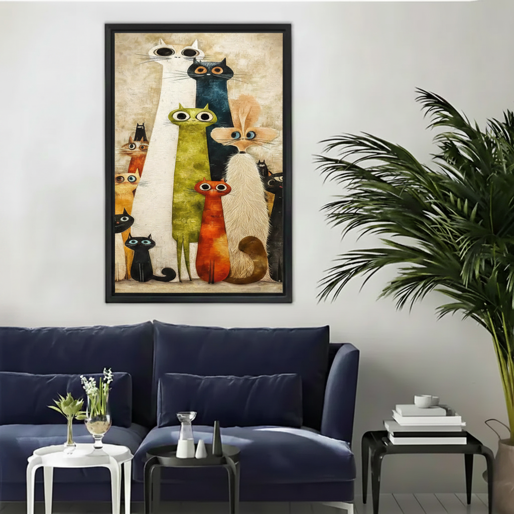 Whimsical mid-century modern cat group portrait framed canvas print, featuring colorful elongated cats with big eyes, displayed above a navy blue sofa