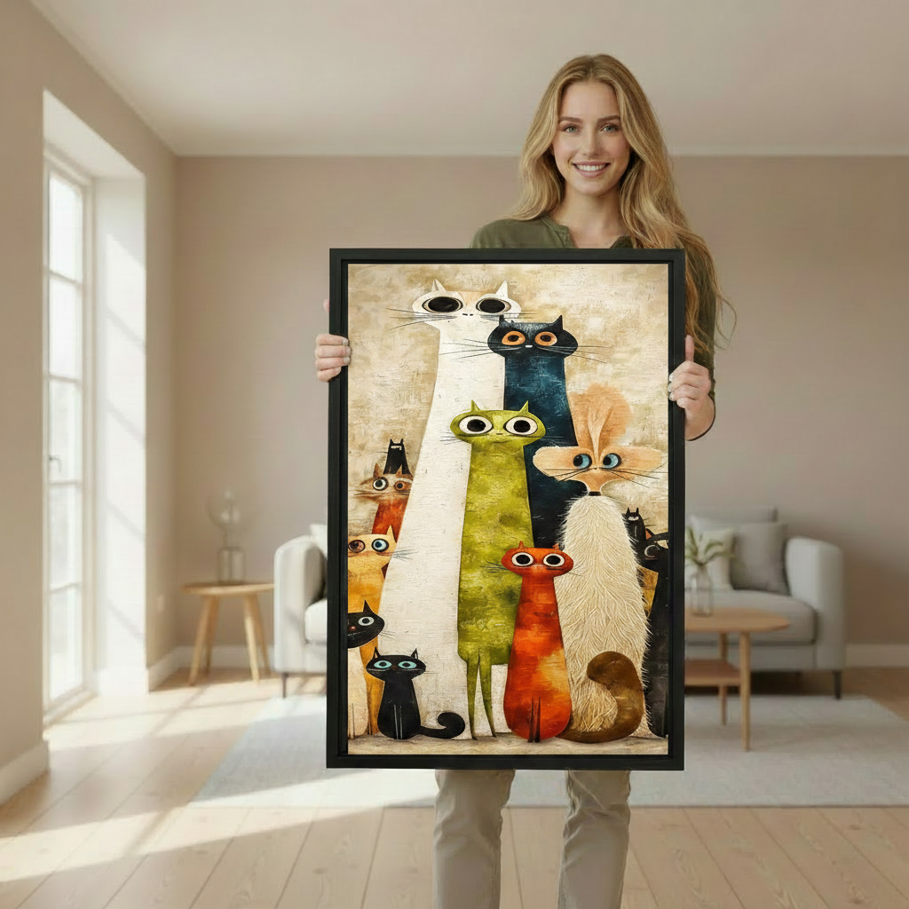 Woman holding a large black framed canvas of a whimsical colorful cat group portrait, showing print size in a bright Scandinavian-style living room