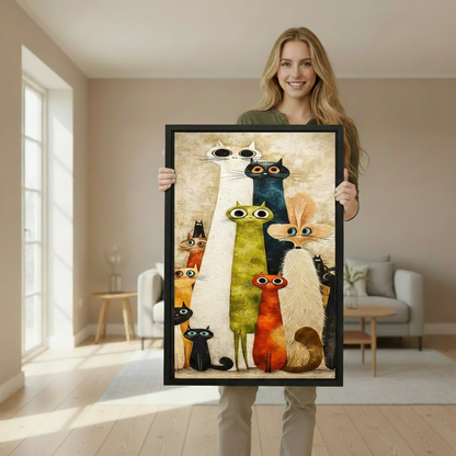 Woman holding a large black framed canvas of a whimsical colorful cat group portrait, showing print size in a bright Scandinavian-style living room