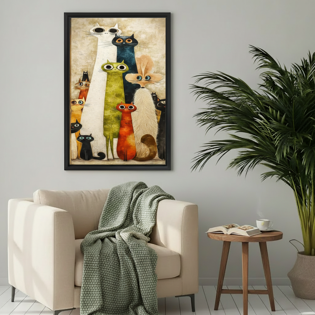 Mid-century style framed cat art print with expressive big-eyed cats in green, orange, black and white, displayed above a cream armchair with a knit throw