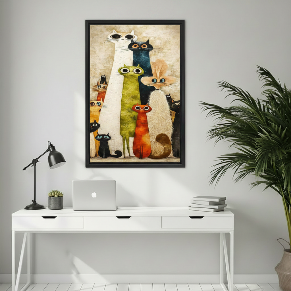 Colorful whimsical cat portrait framed wall art hung above a white home office desk, featuring a group of elongated quirky cats in vintage illustration style