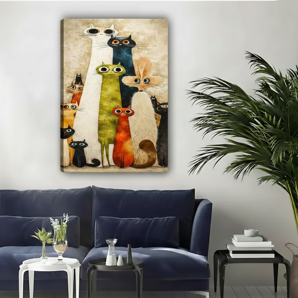 Retro folk art cat wall art gallery wrap canvas showing a crowd of quirky colorful cats, hung above a navy velvet sofa in a modern living room