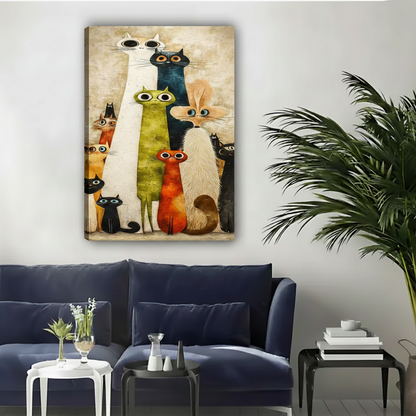 Retro folk art cat wall art gallery wrap canvas showing a crowd of quirky colorful cats, hung above a navy velvet sofa in a modern living room
