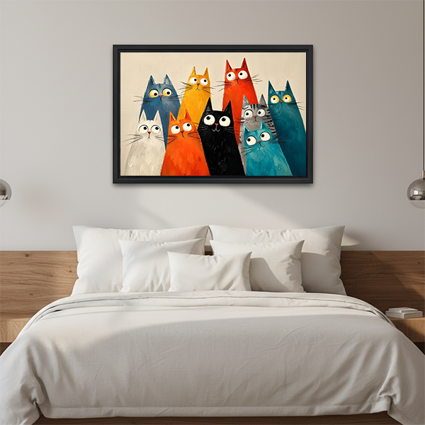 Gallery-wrap quirky cats canvas wall art with bold painted cats and whiskers on a warm cream background.