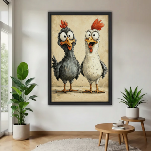 Quirky cartoon chicken couple framed wall art mounted on a white wall flanked by two green potted plants in a modern Scandinavian hallway