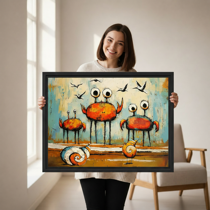 Quirky crab monster graffiti framed canvas print with orange crabs and snails on teal rust background, bold eclectic wall art for living room