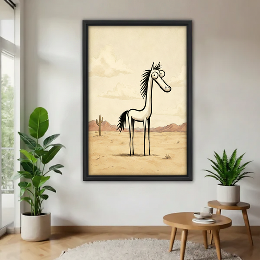 Minimalist desert horse black framed wall art hanging between fiddle leaf fig and aloe on white wall