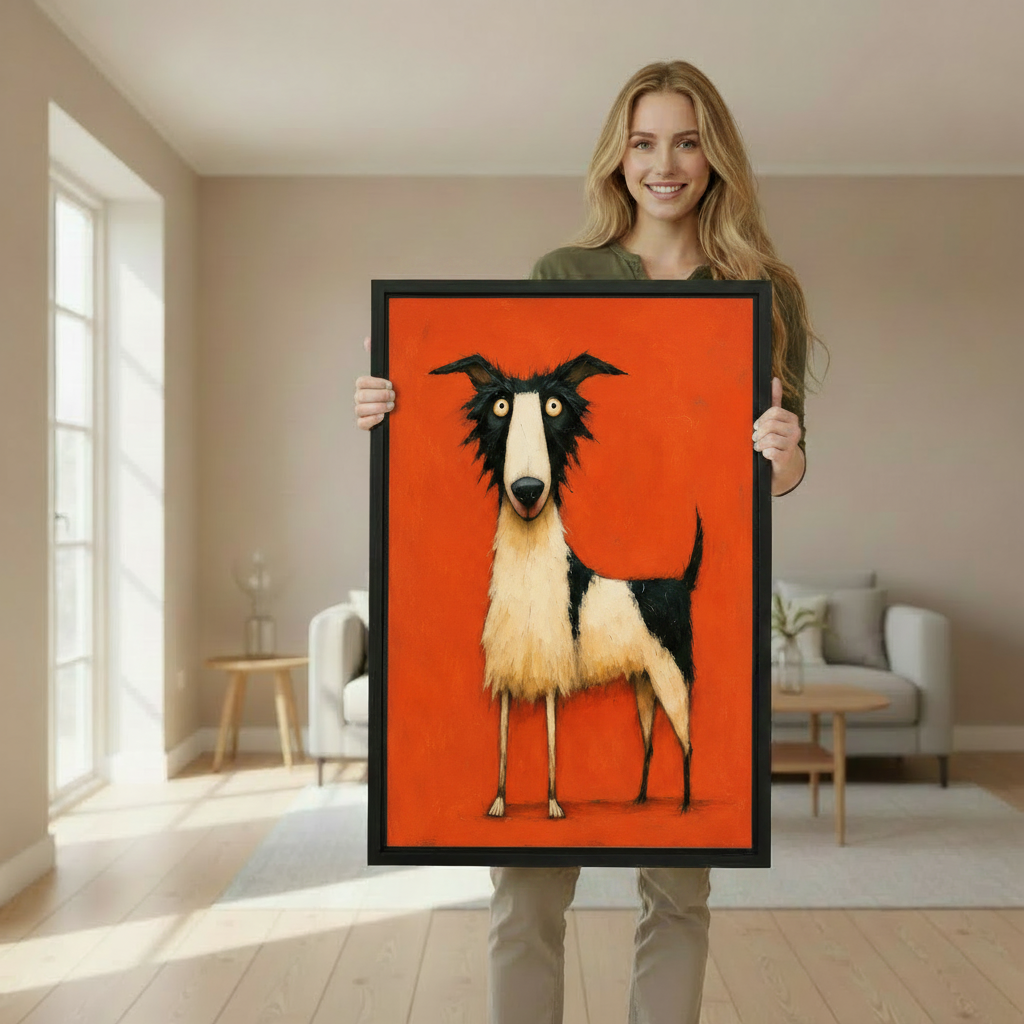 Woman holding large quirky long-legged dog framed canvas wall art print with bold orange background in living room