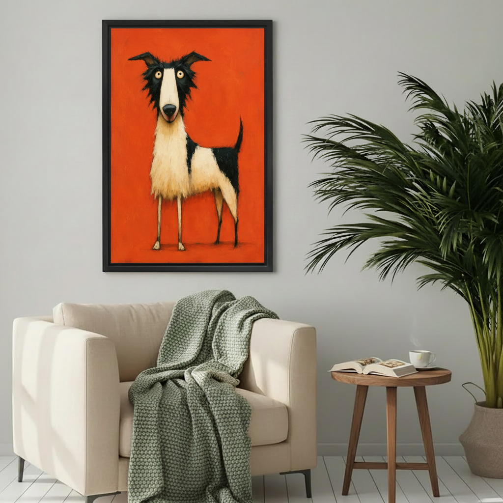 Quirky long-legged dog pop art canvas wall art framed print as playful statement piece in bedroom wall decor