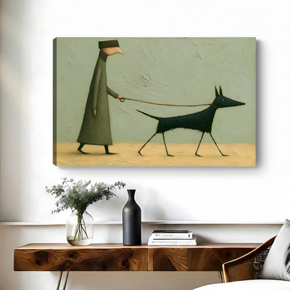Canvas art print featuring a stylized figure in a long coat walking a dark dog on a leash, hung in a modern living room