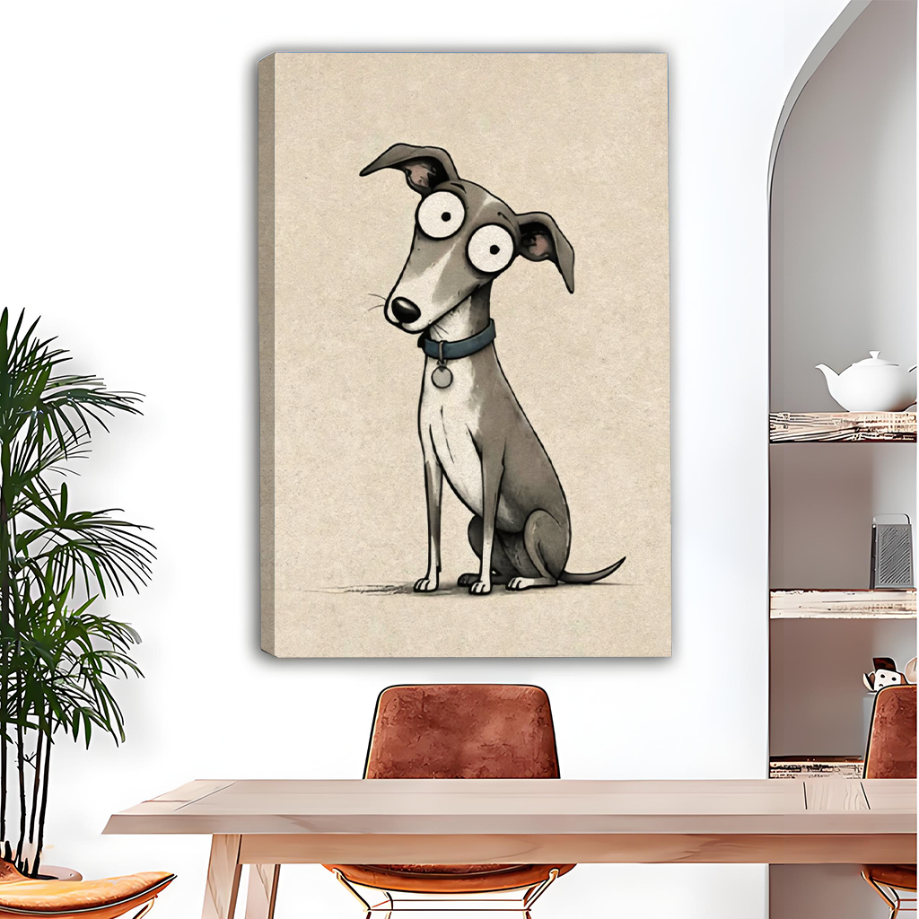 Whimsical greyhound dog canvas wall art gallery wrap displayed in modern dining room setting