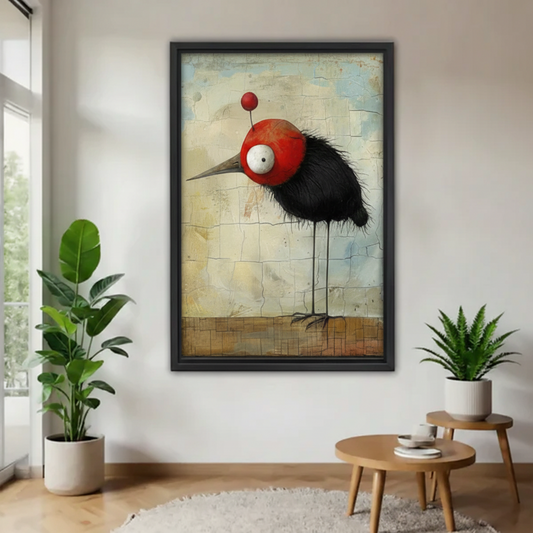 Large black framed print of a quirky long-legged black bird with a cracked-texture red head and antenna, displayed on a white wall between two potted indoor plants