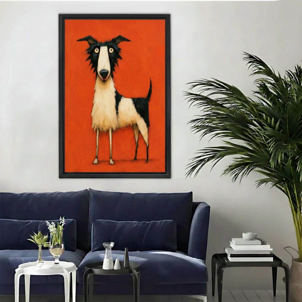 Quirky long-legged dog framed canvas wall art in black frame hanging above navy blue sofa in living room