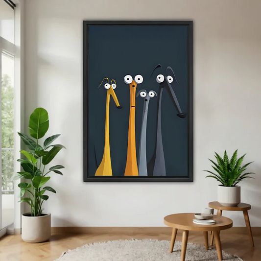 Quirky long-neck cartoon creatures framed art print hanging on white wall in modern living room with plants