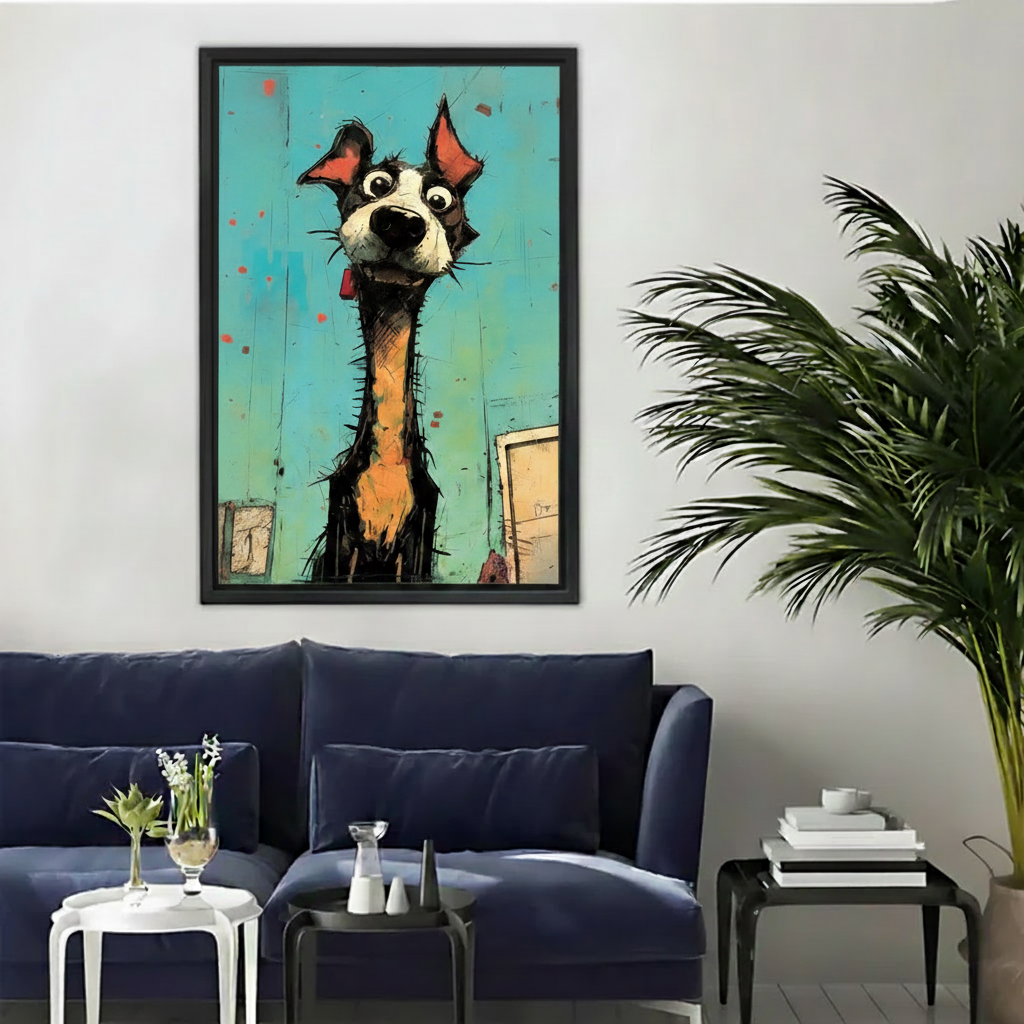 Graffiti-style framed canvas print of a quirky long-neck dog with big googly eyes on a teal textured background, displayed above a navy blue velvet sofa