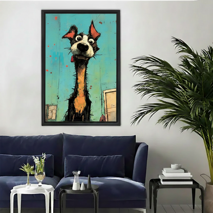 Graffiti-style framed canvas print of a quirky long-neck dog with big googly eyes on a teal textured background, displayed above a navy blue velvet sofa