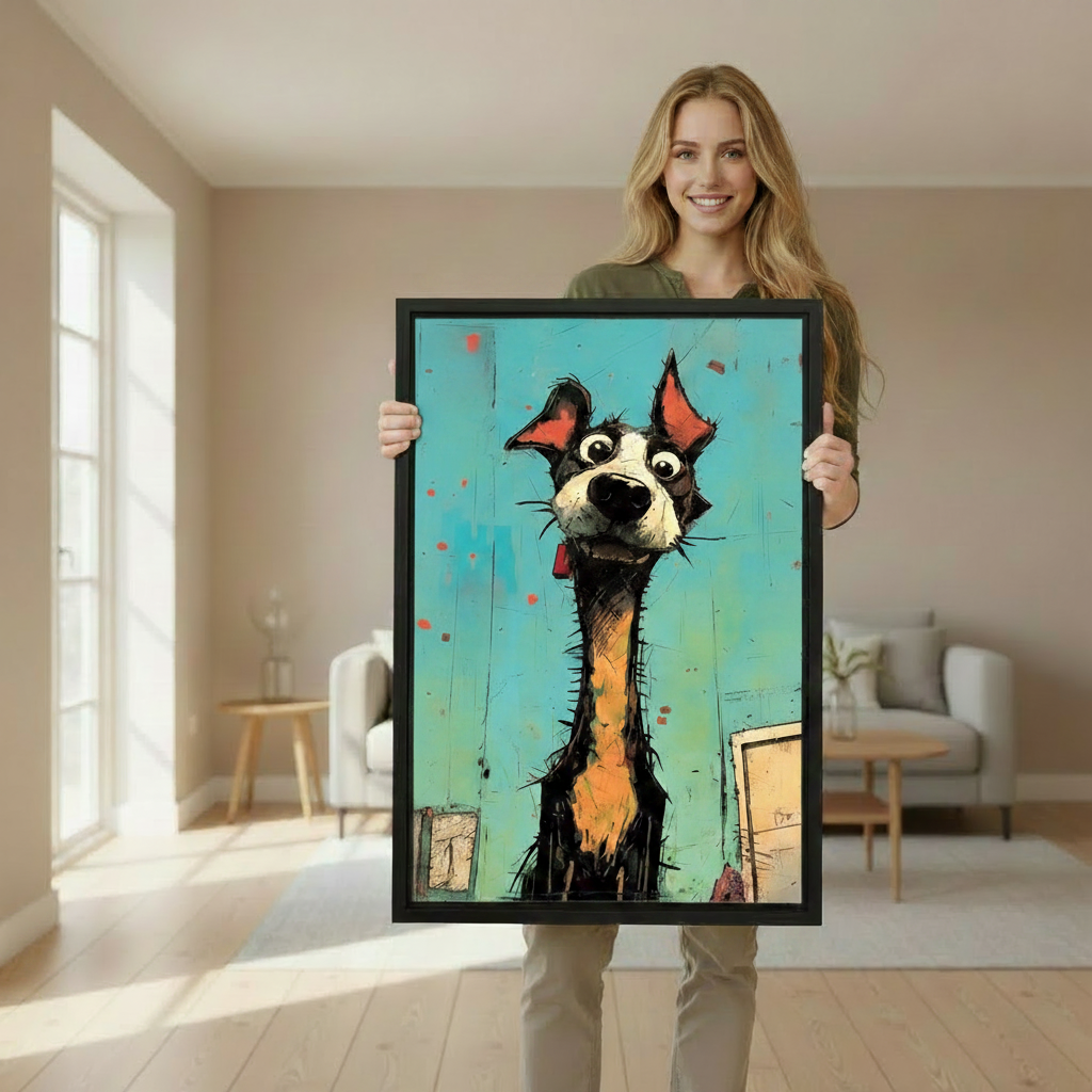 Woman holding a large black framed canvas of a quirky cartoon long-neck dog in graffiti style on a teal background, showing print size in a bright Scandinavian living room