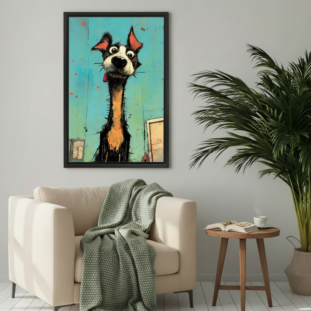 Bold cartoon dog wall art in a black frame featuring an expressive long-necked dog with red ears on a teal graffiti background, above a cream armchair with a grey throw