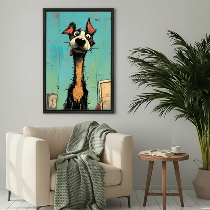 Bold cartoon dog wall art in a black frame featuring an expressive long-necked dog with red ears on a teal graffiti background, above a cream armchair with a grey throw