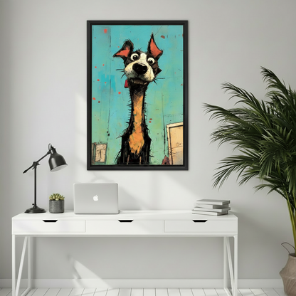 Funky graffiti-inspired framed dog portrait with oversized eyes and a long neck on teal, hung above a white minimalist home office desk with a laptop