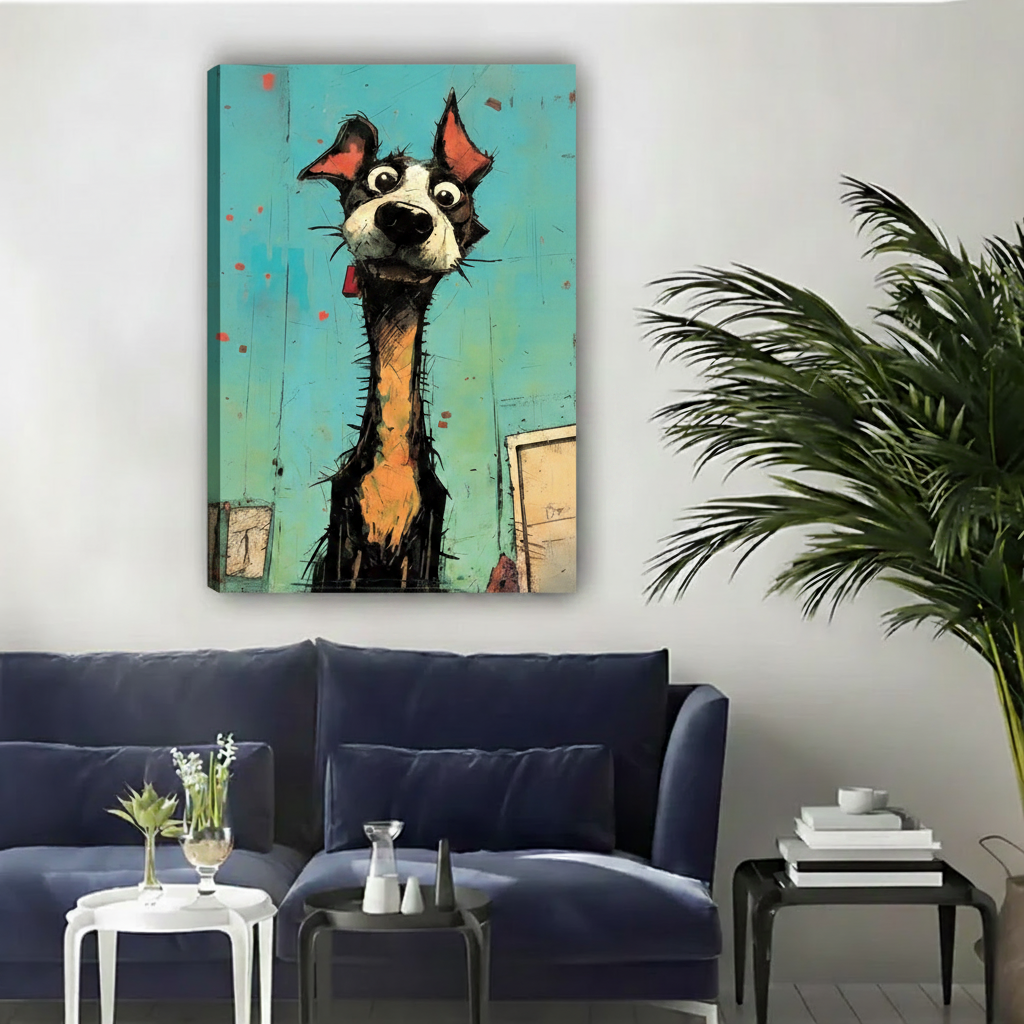 Whimsical street art style gallery wrap canvas of a funny wide-eyed long-neck dog in teal and black, hung above a navy sofa in a modern living room