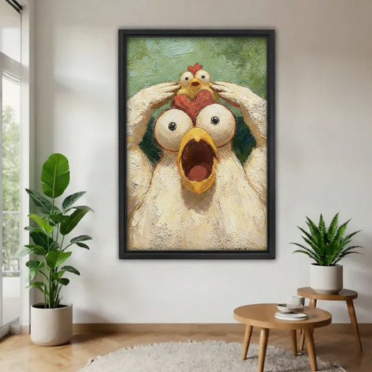 Quirky oil-texture screaming hen and baby chick framed wall art mounted on a white wall flanked by two green potted plants in a modern hallway