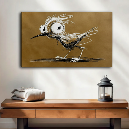 Frameless gallery wrap canvas of scruffy bird with wild feathers and big eyes expressionist sketch on antique gold textured background, humorous bird wall art for modern entryway