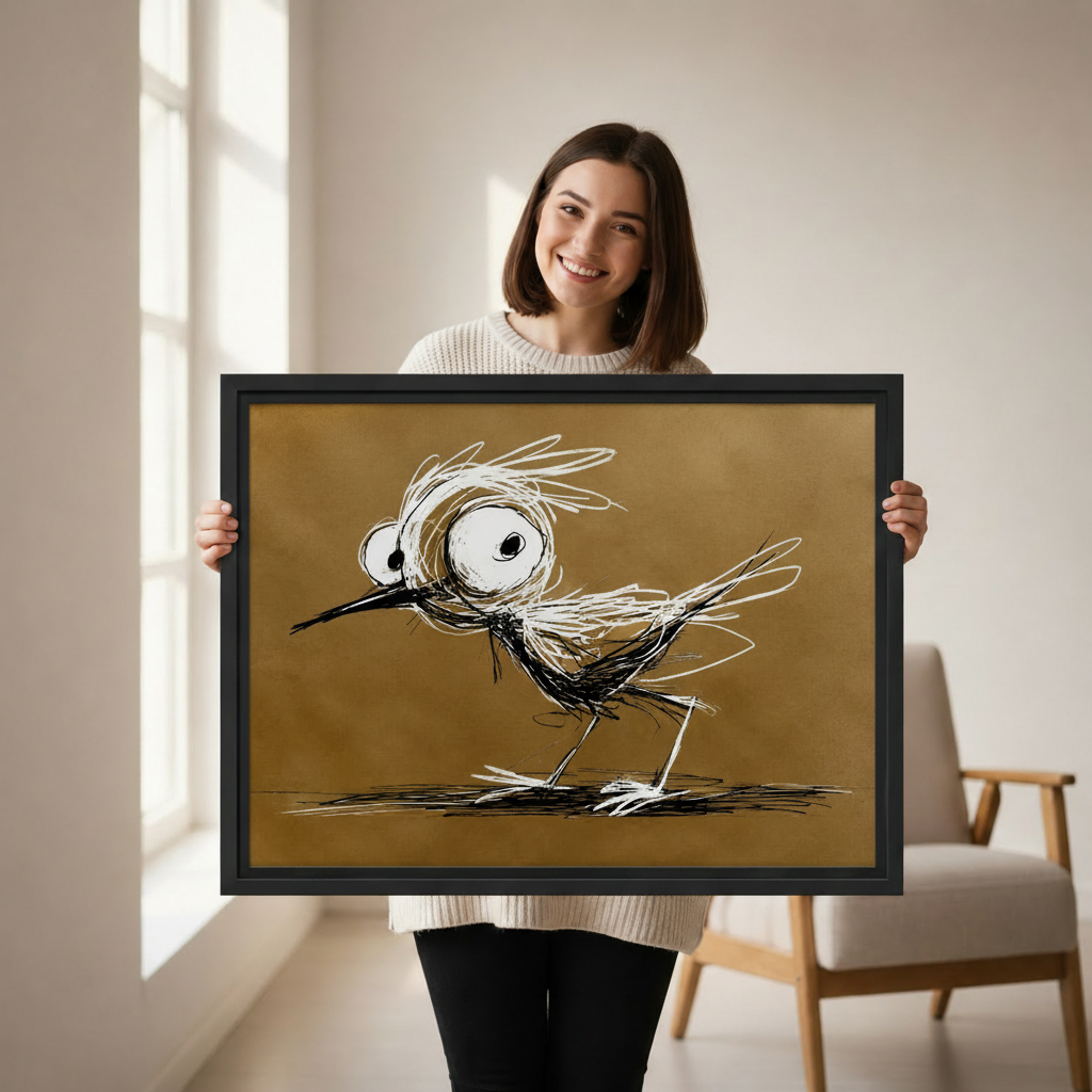 Woman holding large quirky scruffy bird with oversized eyes expressionist sketch framed canvas print, humorous bird wall art size reference lifestyle photo