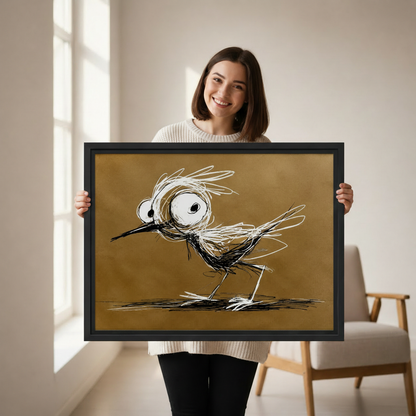 Woman holding large quirky scruffy bird with oversized eyes expressionist sketch framed canvas print, humorous bird wall art size reference lifestyle photo
