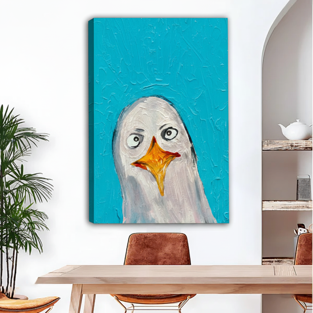 Quirky seagull folk art unframed gallery wrap canvas on turquoise background in bright dining room
