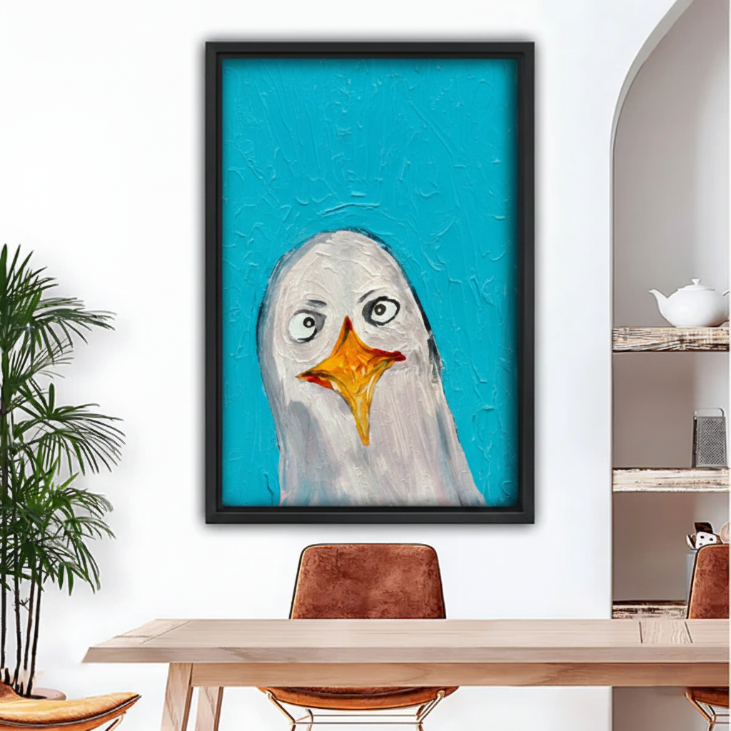 Funny seagull canvas wall art in black float frame above dining table in modern dining room