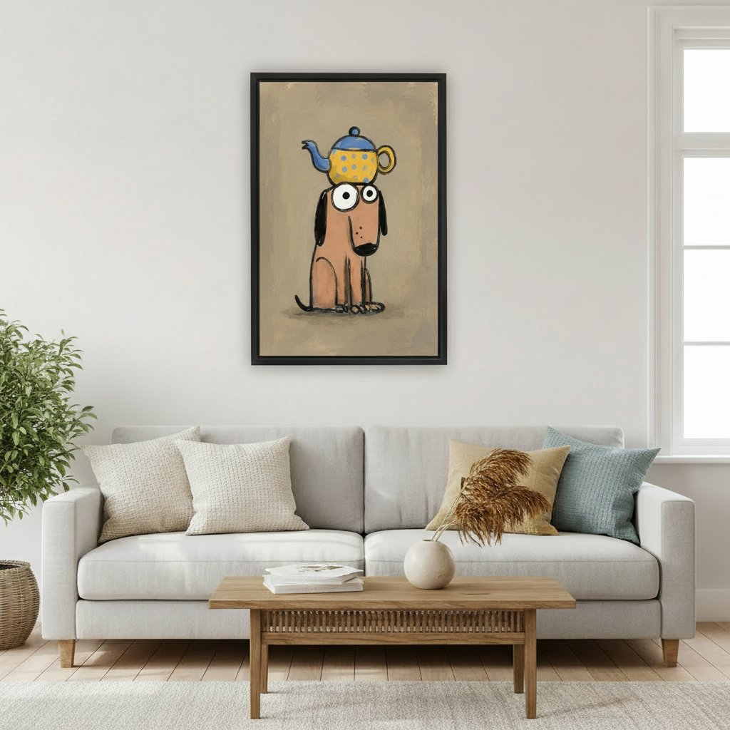 Quirky teapot dog whimsical framed canvas wall art hanging in bedroom