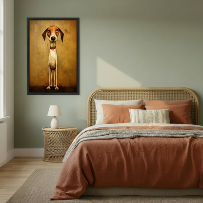 Whimsical dog vintage framed canvas print in bedroom — charming hound illustration on golden wood background, warm boho wall art