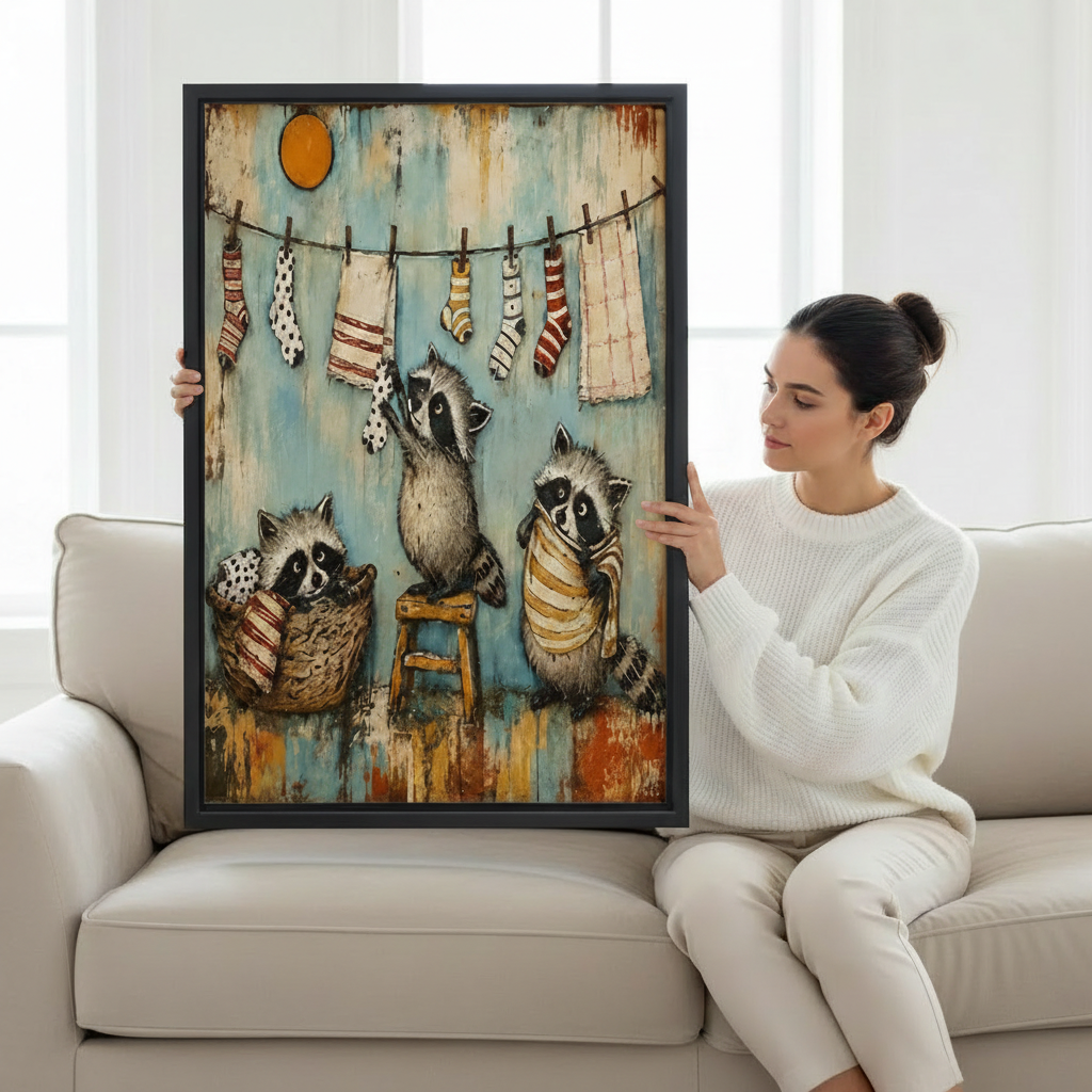 Woman sitting on a cream sofa holding a large black-framed vintage-style canvas print of three raccoons stealing and hanging socks on a clothesline in a rustic folk art style