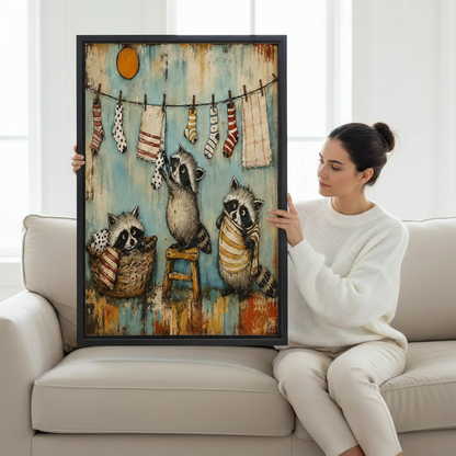 Woman sitting on a cream sofa holding a large black-framed vintage-style canvas print of three raccoons stealing and hanging socks on a clothesline in a rustic folk art style