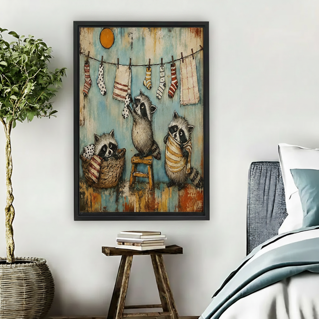 Black framed rustic folk art print of three playful raccoons doing laundry, with mismatched socks and linen hanging on a clothesline under a warm orange sun, hung in a cozy bedroom beside a rattan plant and wooden stool