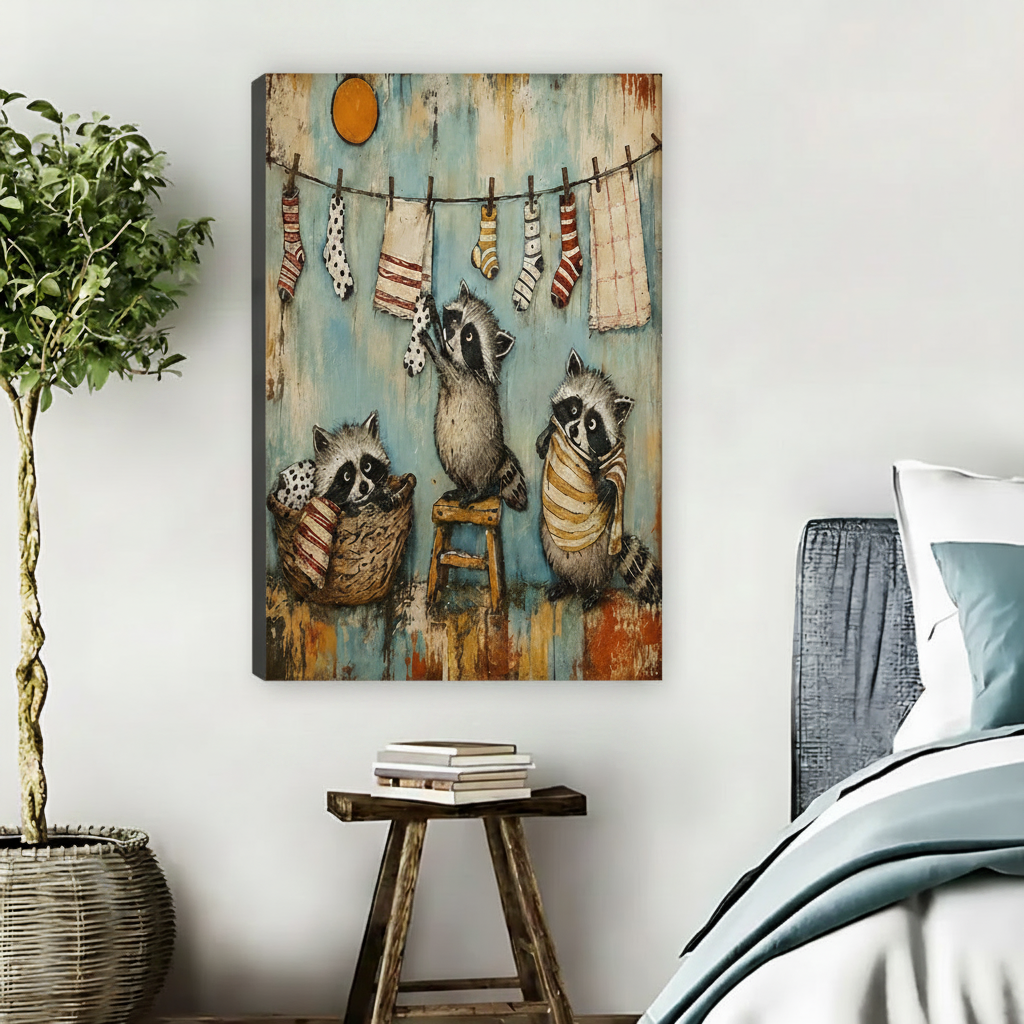 Frameless gallery-wrap canvas of three mischievous raccoons doing laundry day, with colorful socks and towels hanging on a clothesline under an orange sun, displayed on a bedroom wall beside a rattan basket plant and wooden stool