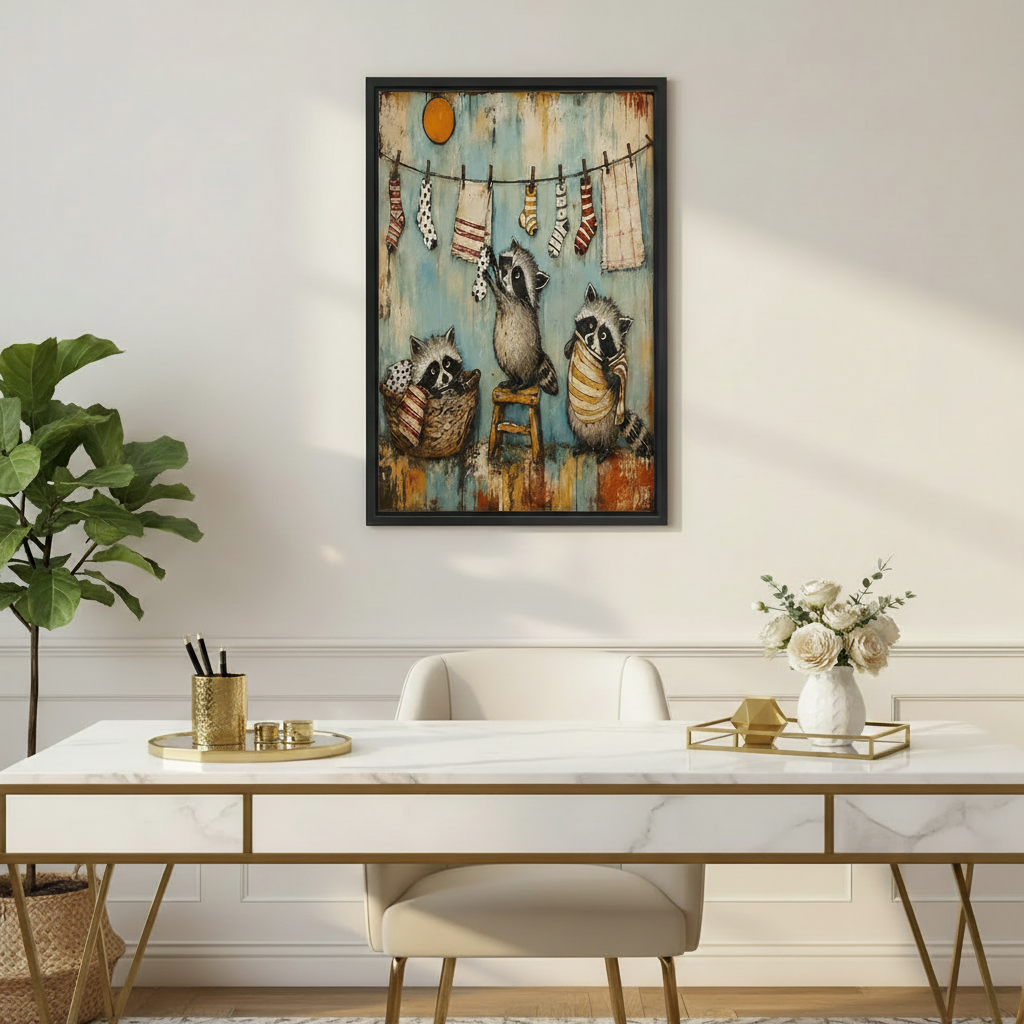 Humorous raccoon laundry day folk art canvas in black frame displayed above a marble and gold home office desk, showing three raccoons hanging patterned socks and towels on a rustic clothesline
