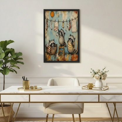 Humorous raccoon laundry day folk art canvas in black frame displayed above a marble and gold home office desk, showing three raccoons hanging patterned socks and towels on a rustic clothesline
