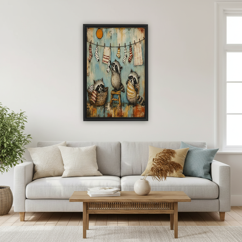 Black framed whimsical raccoon laundry day wall art hung above a light grey sofa in a bright Scandinavian living room, featuring three raccoons with colorful socks and towels on a clothesline against a distressed teal background