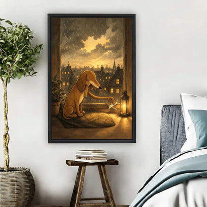 Nostalgic dog by rainy window with lantern framed canvas print hung on bedroom wall beside rustic wooden stool