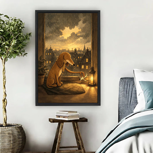 Nostalgic dog by rainy window with lantern framed canvas print hung on bedroom wall beside rustic wooden stool