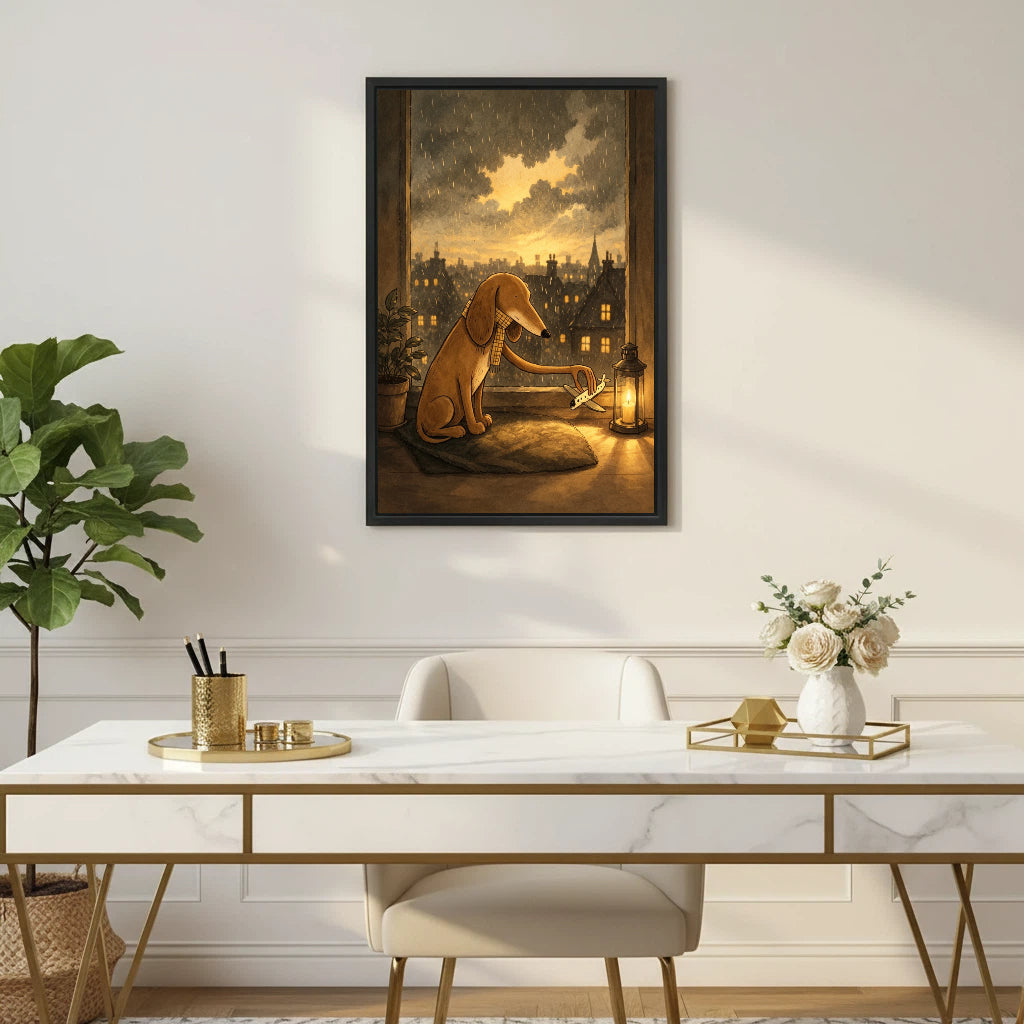 Rainy night dog lantern framed canvas wall art displayed above marble desk in elegant gold home office