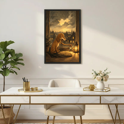 Rainy night dog lantern framed canvas wall art displayed above marble desk in elegant gold home office