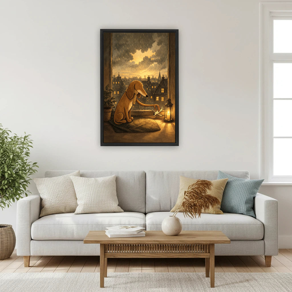 Moody vintage dog with scarf and lantern framed canvas print above sofa in cozy Scandinavian living room