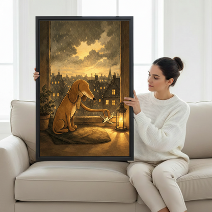 Woman holding large rainy night dog lantern framed canvas art showing size reference on white sofa