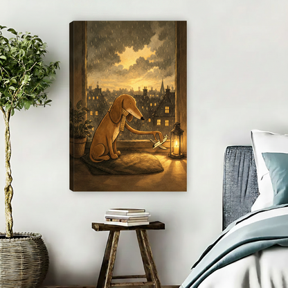 Rainy night dog lantern gallery wrap canvas art displayed in cozy bedroom with natural wrap finish